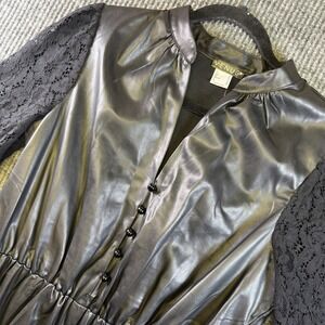 Venus Faux Leather Lace Dress Womens M Black Button Front Long Sleeve NO BELT
